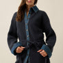 Rib-Knit & Denim Collared Buttoned Belted Mini Sweater Dress