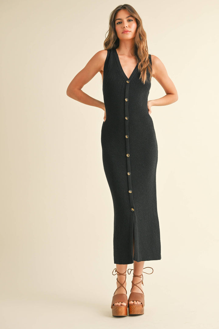 Buttondown Ribbed Knitted Long Dress