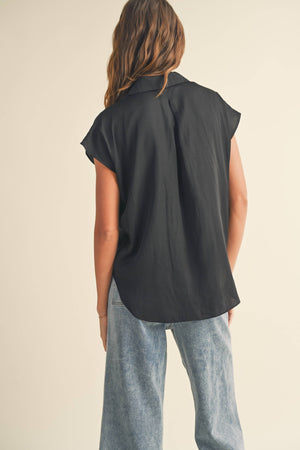 Button Down Cap Sleeve Shirt in Black