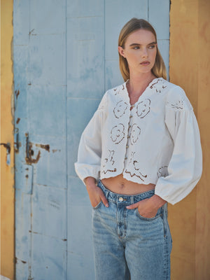 Denim Embroidery Volume Sleeve Blouse Top by Aaron & Amber