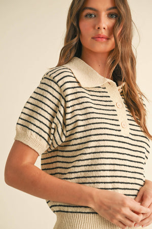 Striped Button Front Short Sleeve Knitted Top