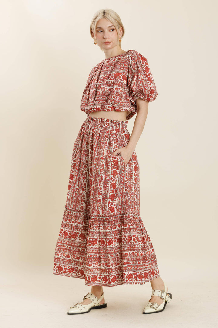 Striped Floral Midi Skirt