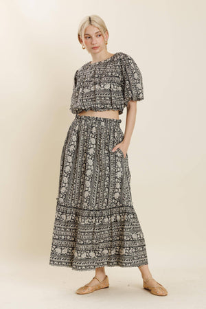 Striped Floral Midi Skirt