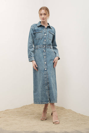 Denim Lapel Collar Maxi Dress by Aaron & Amber