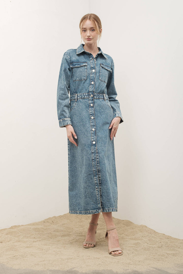 Denim Lapel Collar Maxi Dress by Aaron & Amber