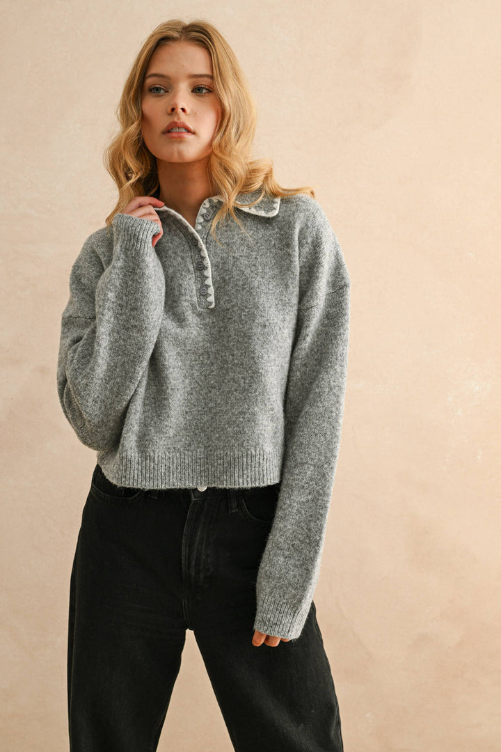 Stitch Detail Collared Pullover Sweater Top