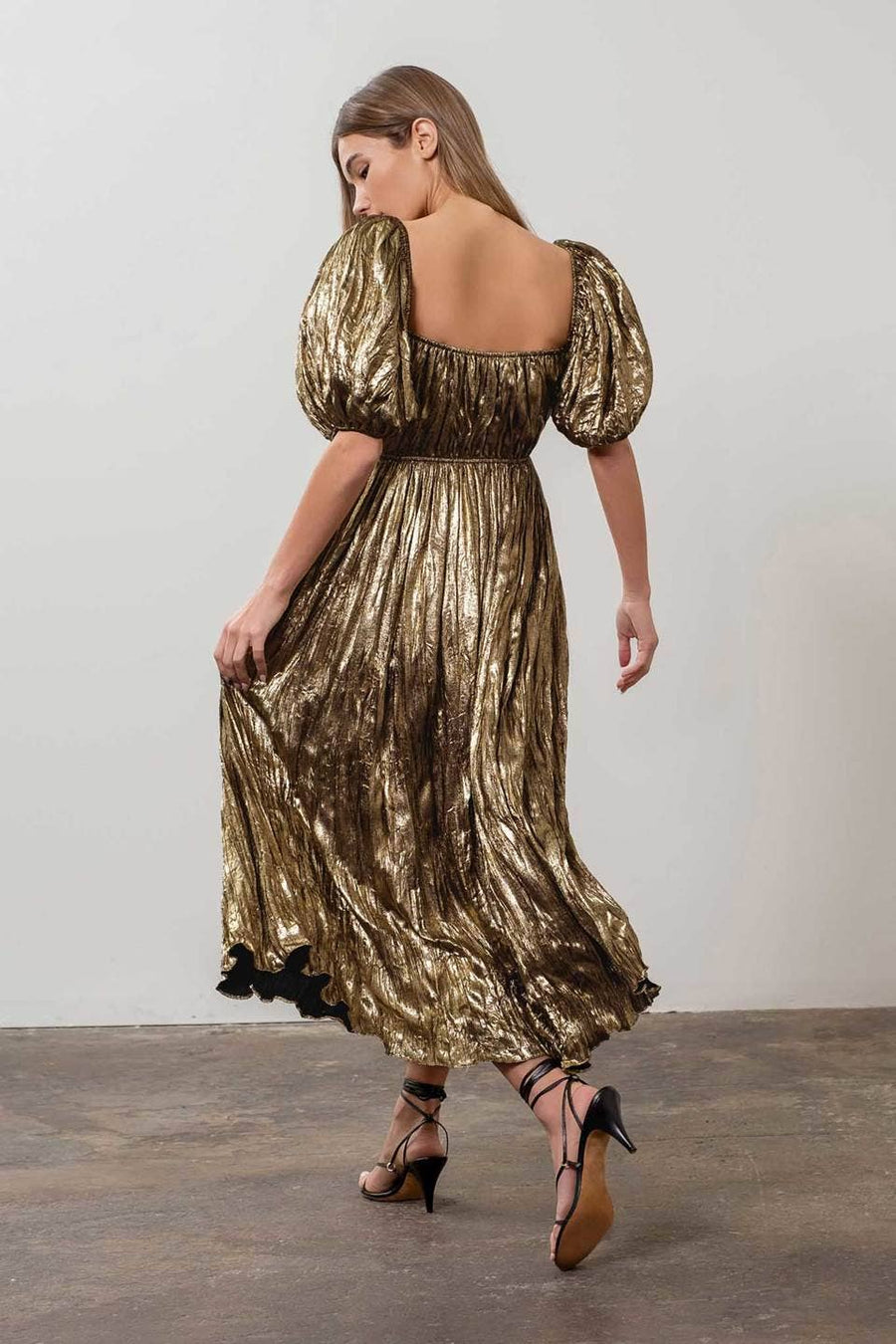 Puff Sleeve Gold Stud Maxi Dress