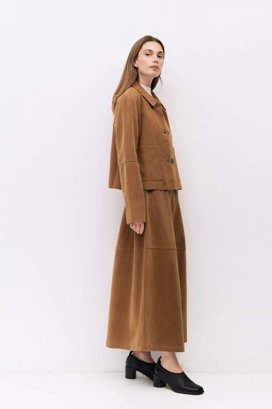 The Eryn Skirt | Suede Midi Skirt by All Row