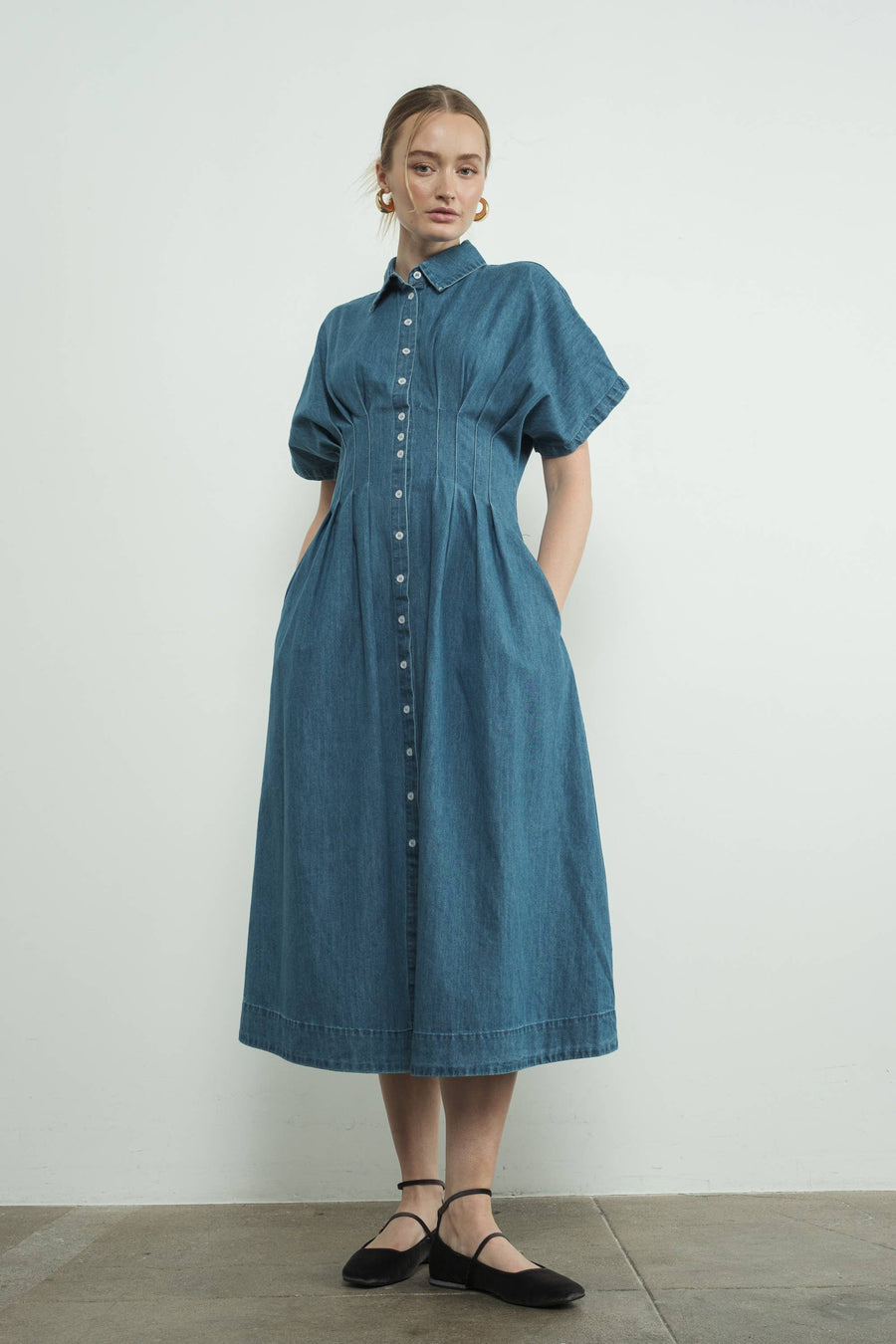 Button Front Pleated Shirts Midi Dress by Aaron & Amber