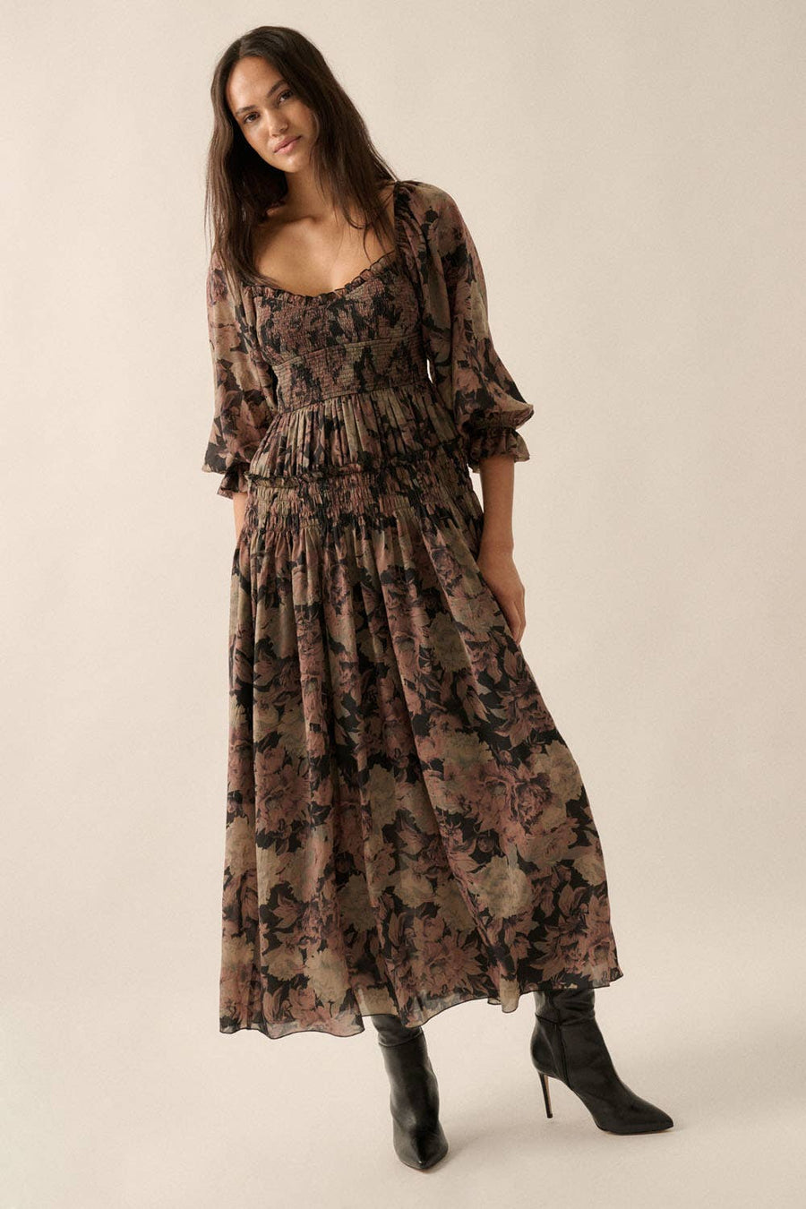 Floral Smocked Three-Quarter Sleeve Maxi Dress