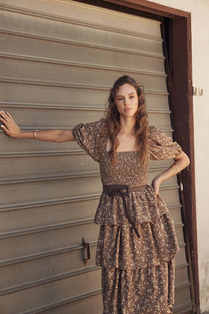 Victorian Floral Smocked Maxi Dress with Puff Sleeves and Ruffles