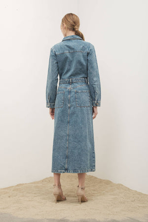 Denim Lapel Collar Maxi Dress by Aaron & Amber