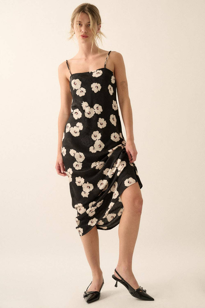 Floral Woven Self-Tie Maxi Dress in Black