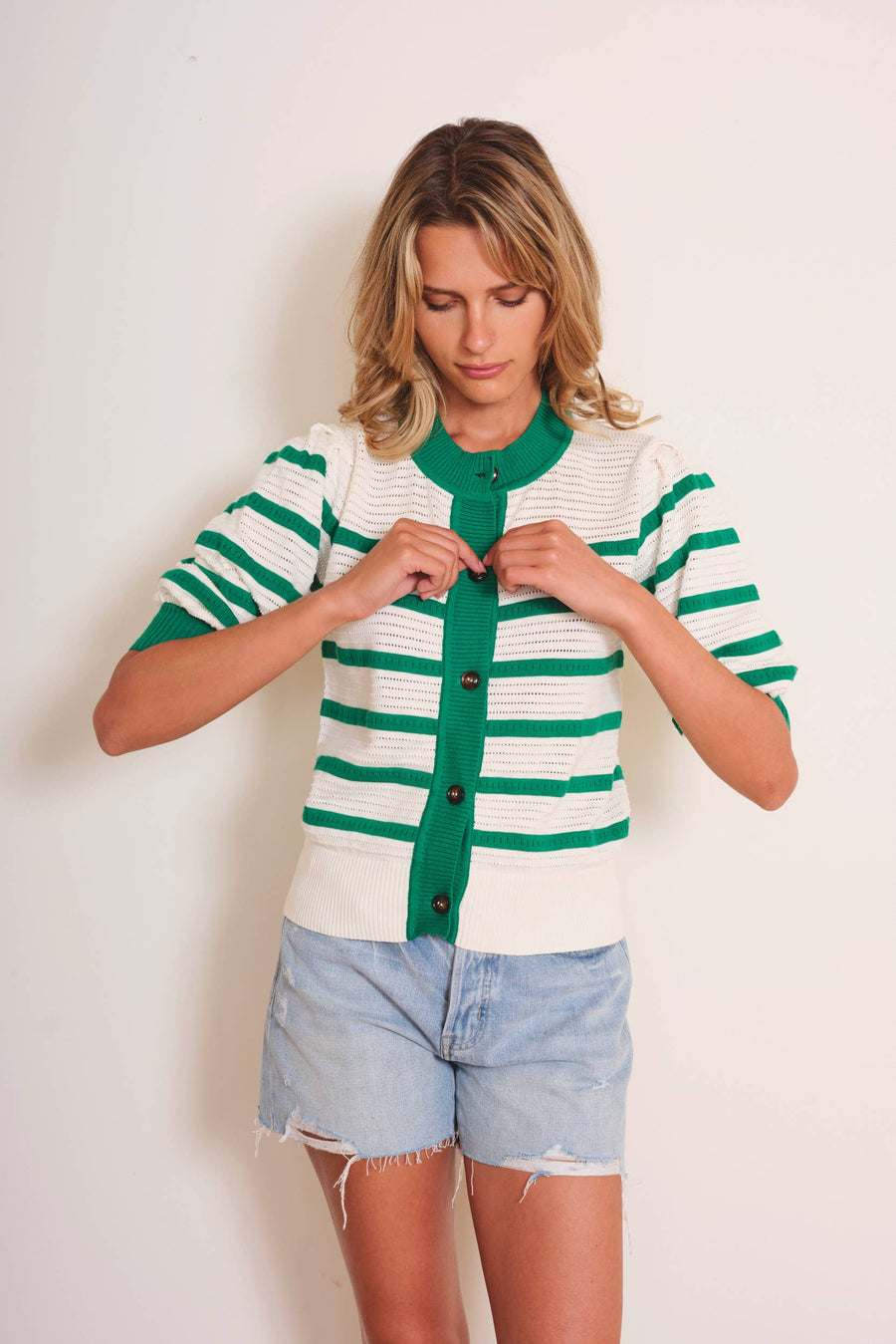 Lecce Cardigan in Green and White by dRA