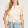 Eyelet Lace Trim Flutter Sleeve Peplum Top