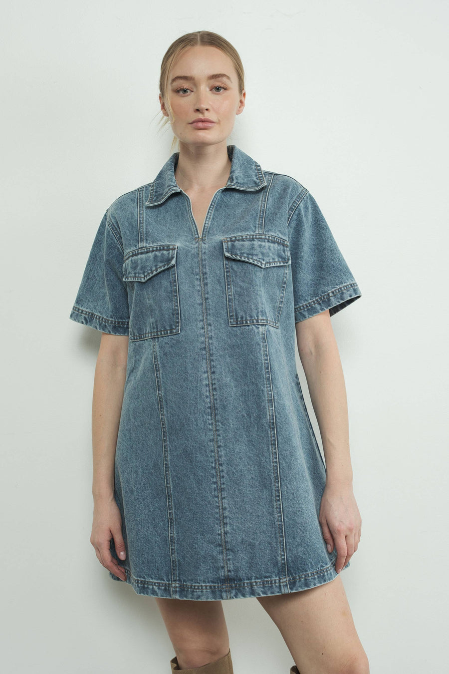 Denim Pull On Mini Dress by Aaron & Amber