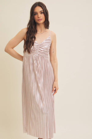 Shiny Metallic Pleated Midi Dress with Smocked Back