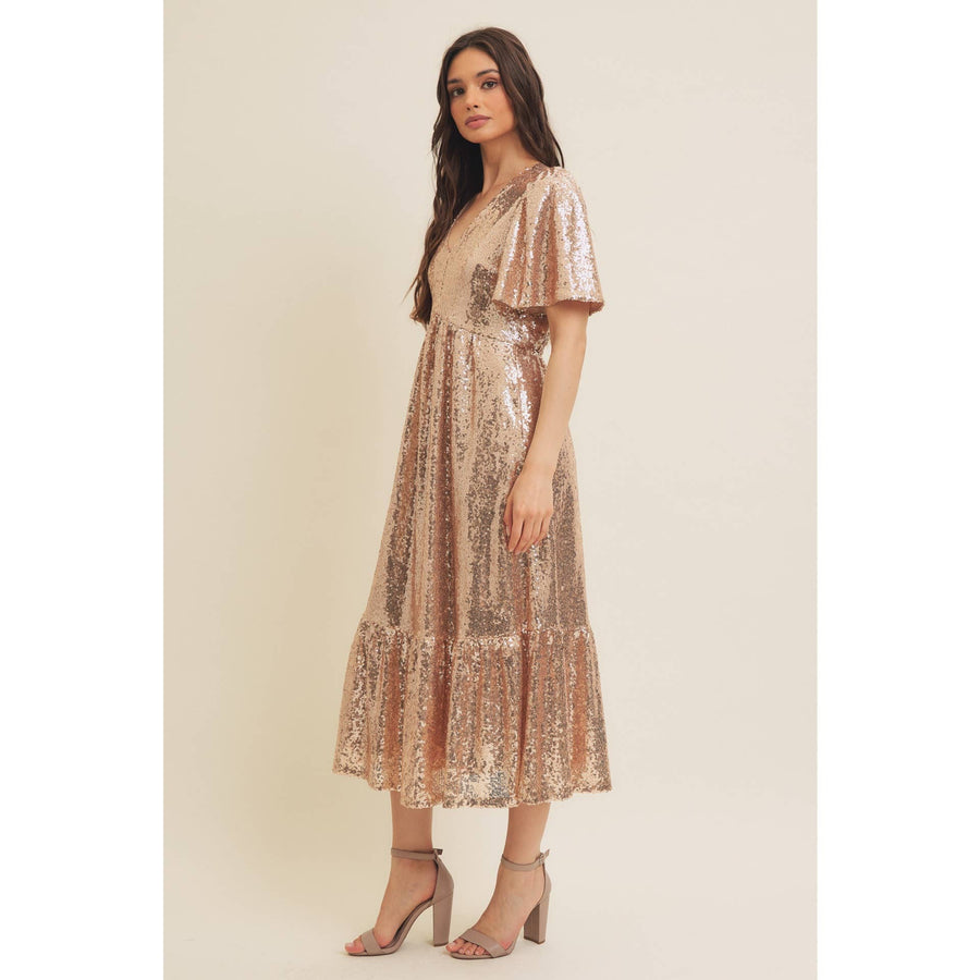 Sparkling Long Sleeved Sequin Midi Dress