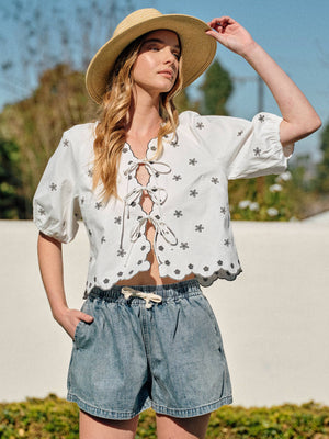 Embroidered Bowtie Top with Puff Sleeves by Aaron & Amber