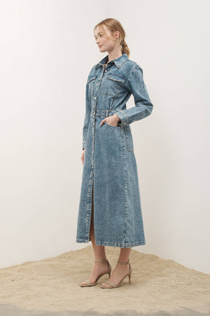 Denim Lapel Collar Maxi Dress by Aaron & Amber