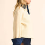 Rib-Knit and Denim Layered-Look Split-neck Collared Sweater