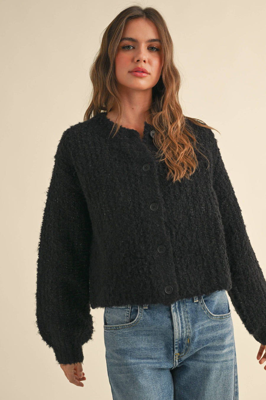 Round-neck Button Front Sweater Cardigan in Black