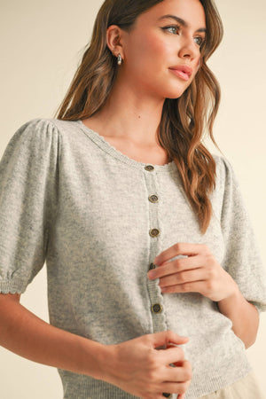 Puff Short Sleeve Button Down Knit Cardigan