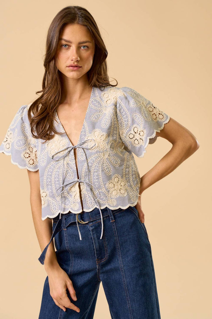 Floral Embroidery Scalloped Trim Top