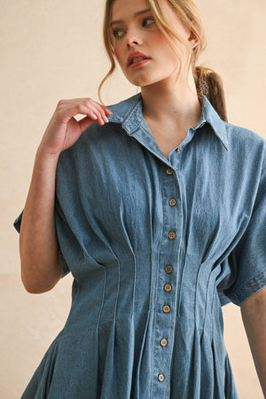 Chambray Denim Button Front with Pleat Detail Dress