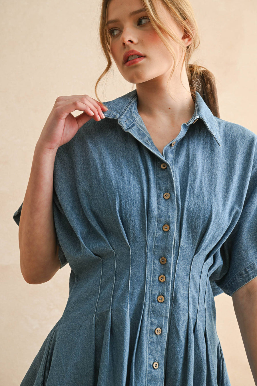 Chambray Denim Button Front with Pleat Detail Dress