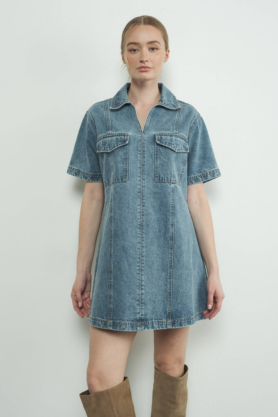 Denim Pull On Mini Dress by Aaron & Amber