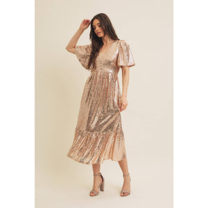 Sparkling Long Sleeved Sequin Midi Dress