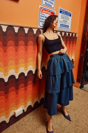 Smocked Waistband Denim Tiered Midi Skirt