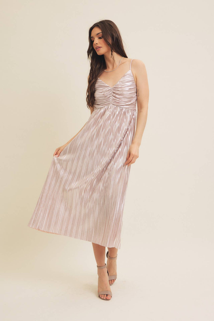 Shiny Metallic Pleated Midi Dress with Smocked Back