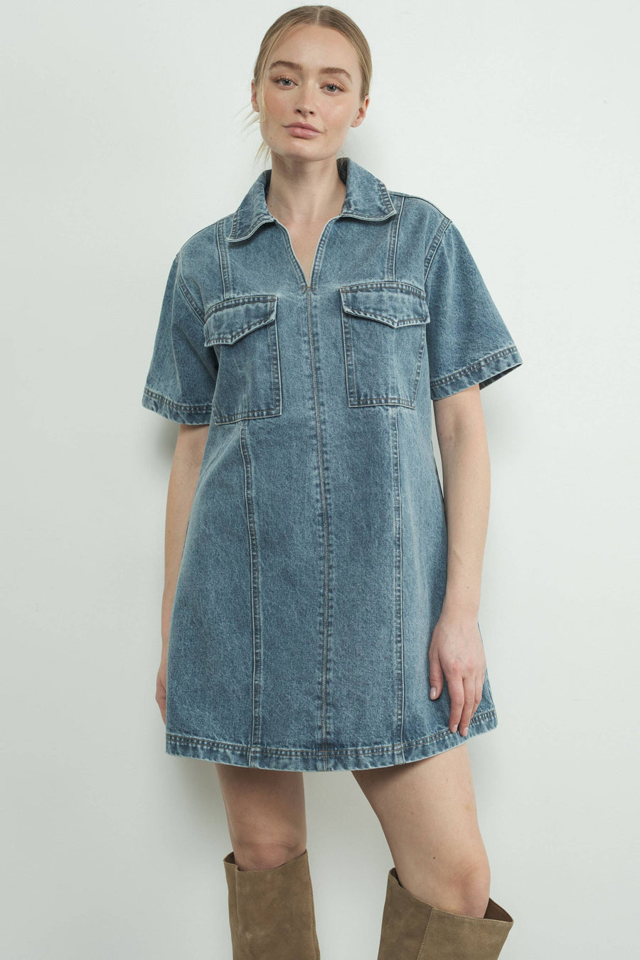 Denim Pull On Mini Dress by Aaron & Amber