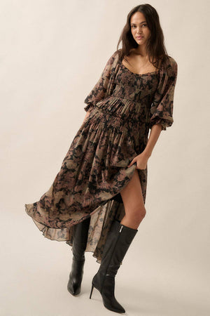 Floral Smocked Three-Quarter Sleeve Maxi Dress