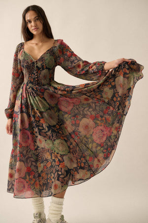 Floral Smocked Button-Front Peasant Maxi Dress in Black