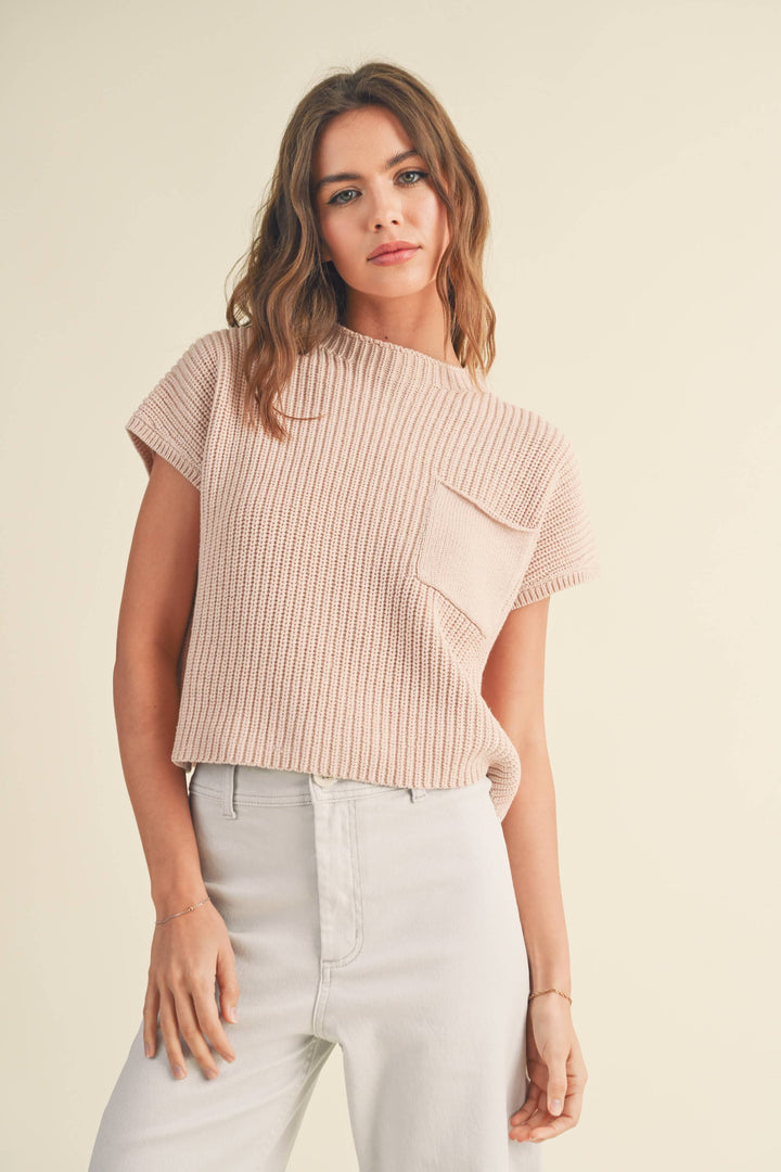 Knit High Neck Sweater Top in Fuzzy Peach