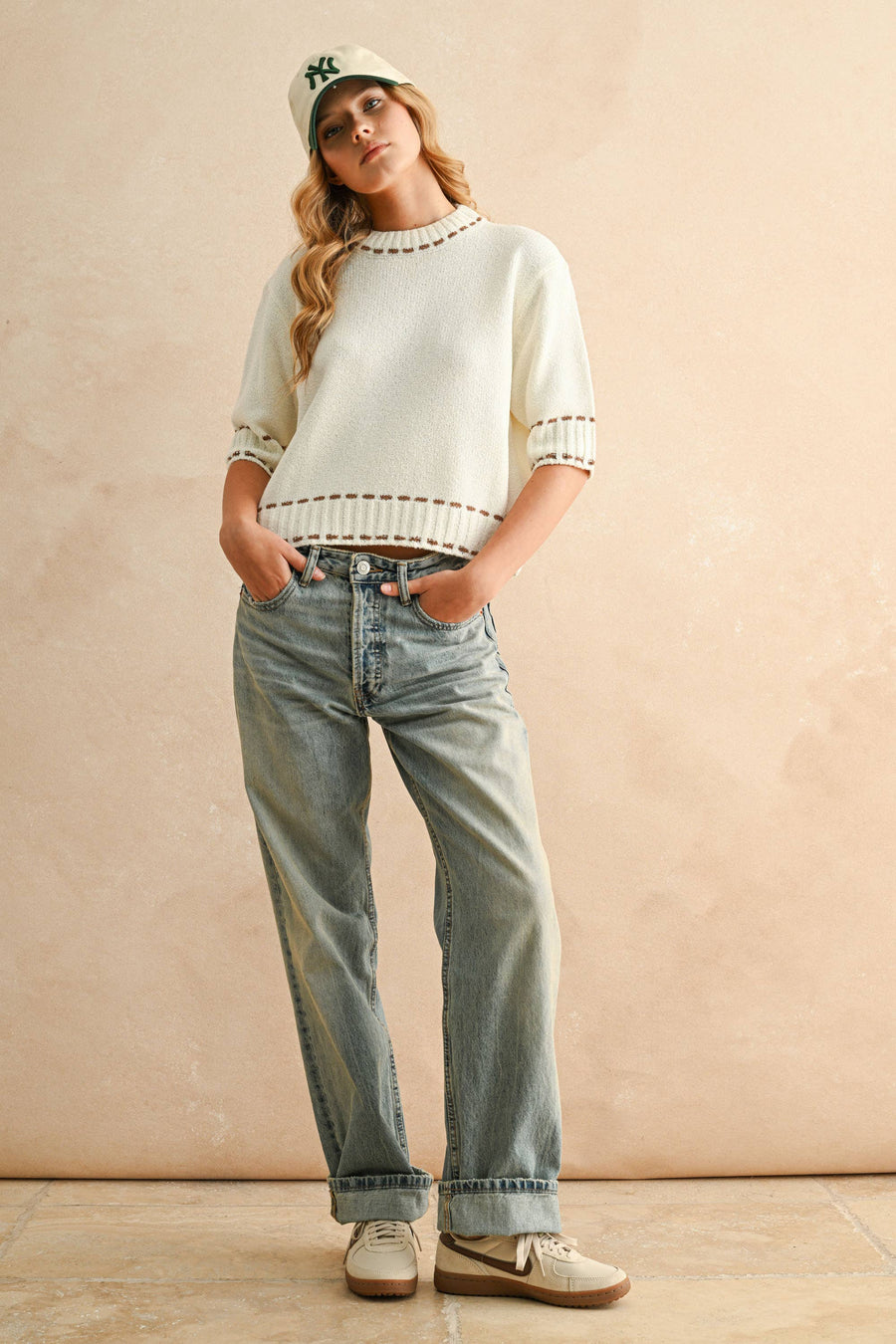 Stitch Effect Detail Short Sleeve Top