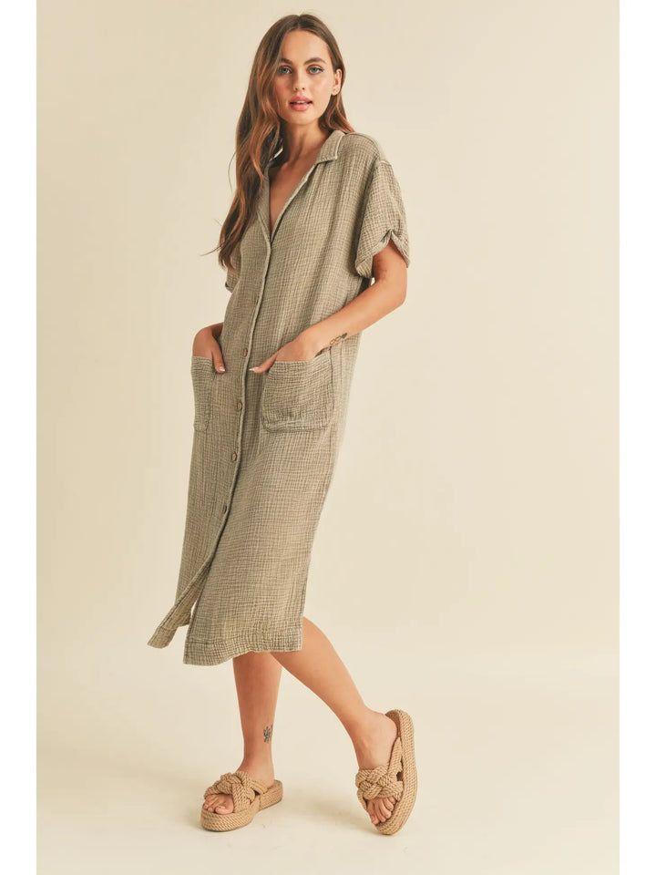 Button Down Gauze Shirt Dress in Olive