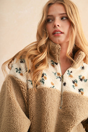 Half Zip Floral Print Contrast Sherpa Pullover