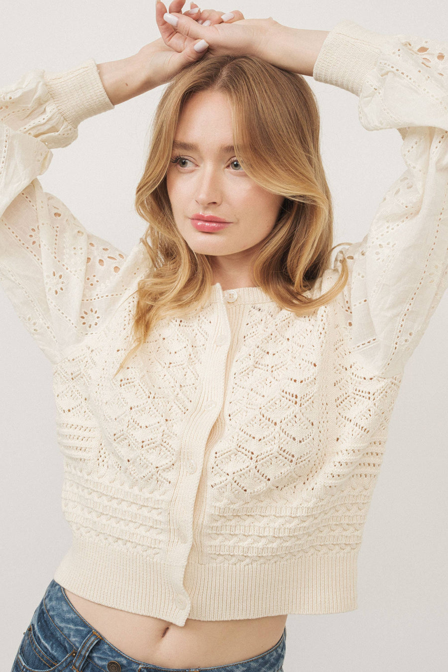 Mix Media Long Sleeve Cardigan in Cream by Aaron & Amber