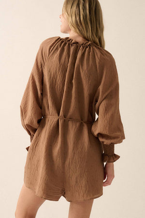 Solid Jacquard Belted Button-Front Romper in Taupe