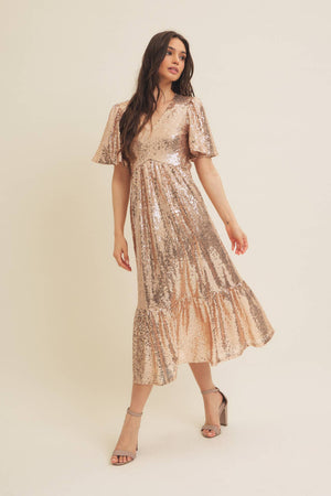 Sparkling Long Sleeved Sequin Midi Dress