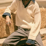 Rib-Knit and Denim Layered-Look Split-neck Collared Sweater