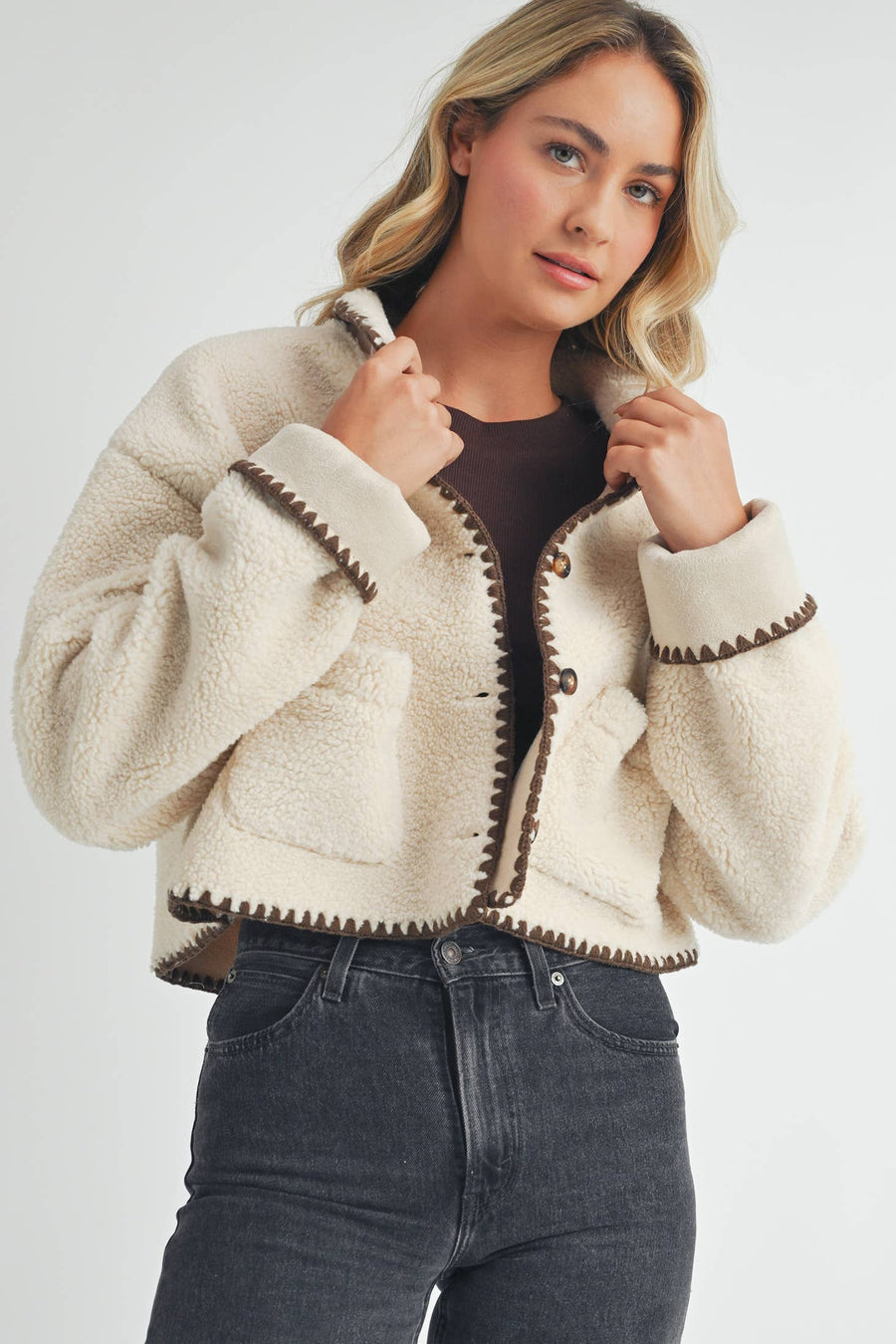 Contrast Stitch Cardigan in Beige