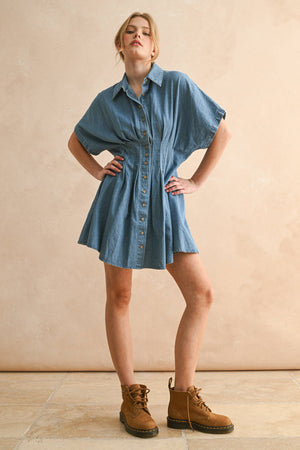 Chambray Denim Button Front with Pleat Detail Dress