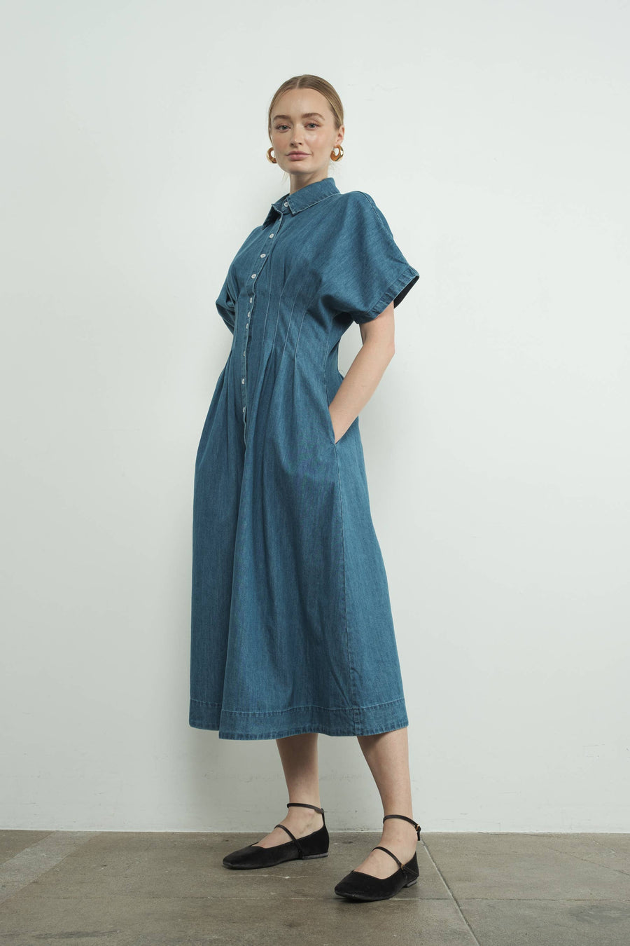 Button Front Pleated Shirts Midi Dress by Aaron & Amber