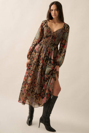 Floral Smocked Button-Front Peasant Maxi Dress in Black