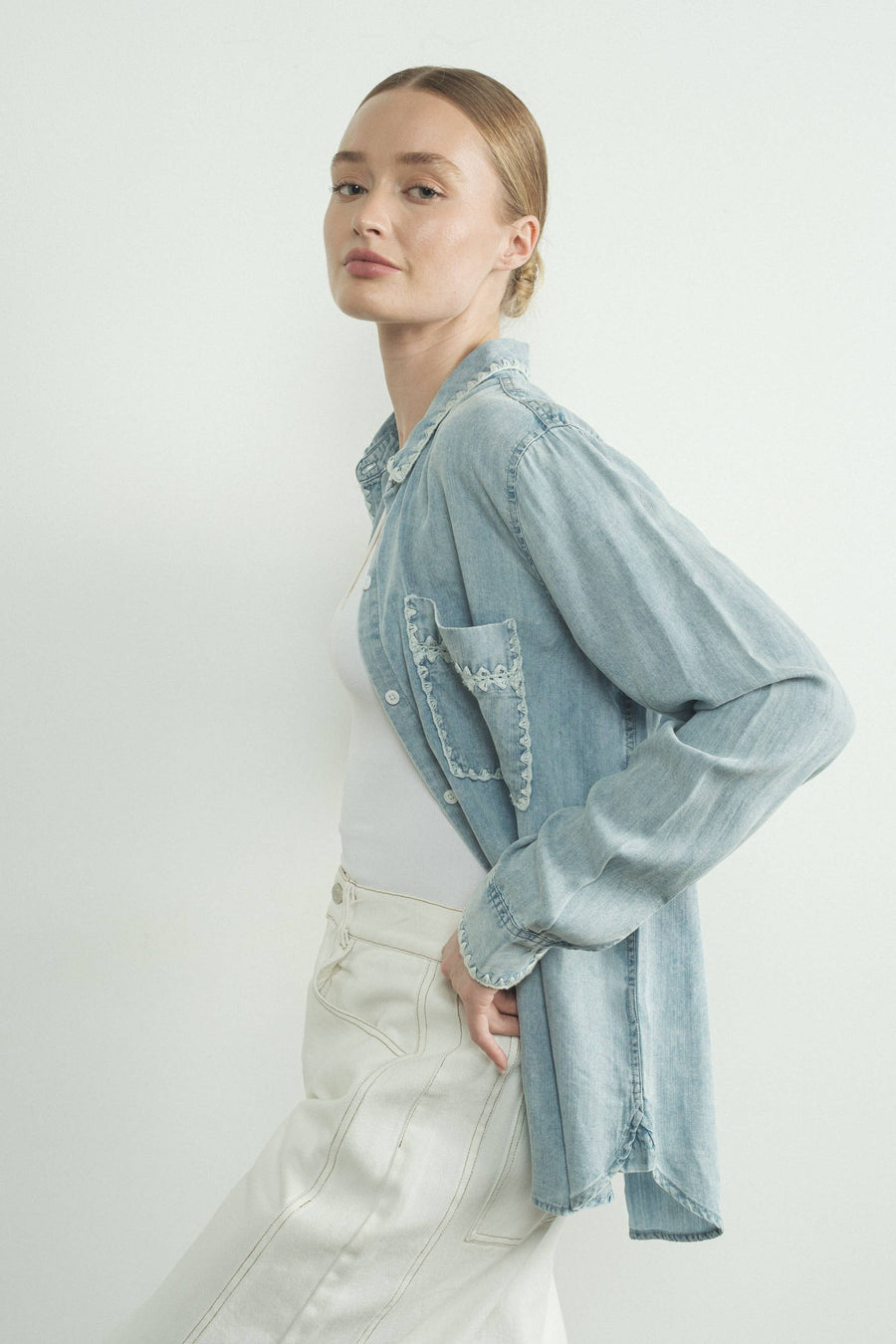 Denim Shirt with Embroidery Edge by Aaron & Amber